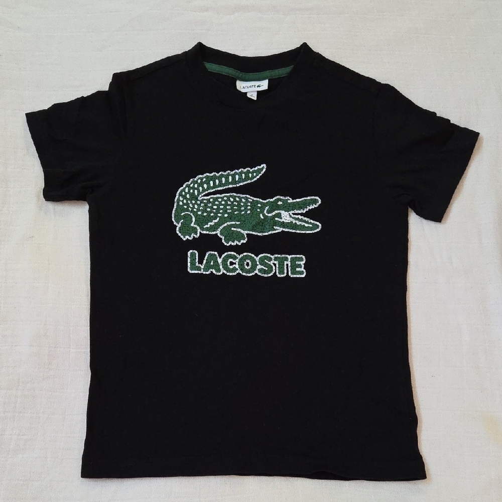 Lacoste Kids Black Tee with Crackled Effect Green Croc Logo size 8
